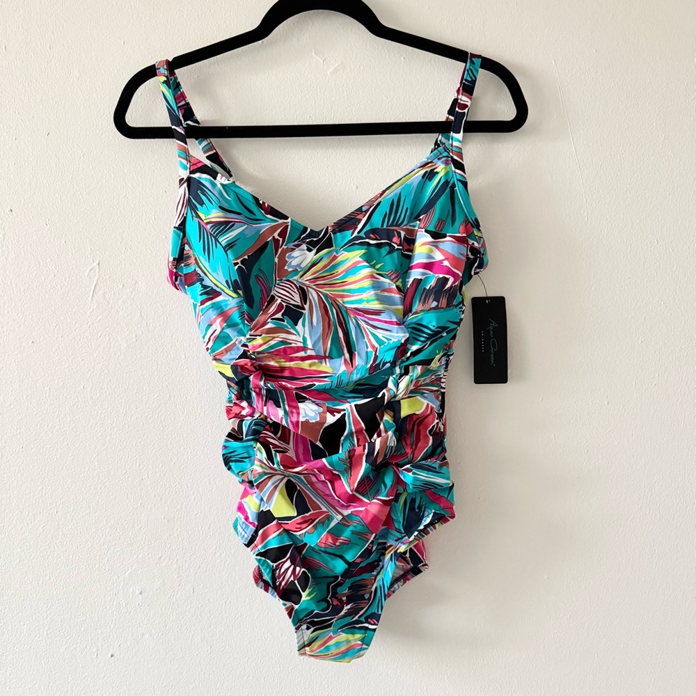 Aqua Green Blue and Pink One Piece Swimsuit with Sweetheart Neckline